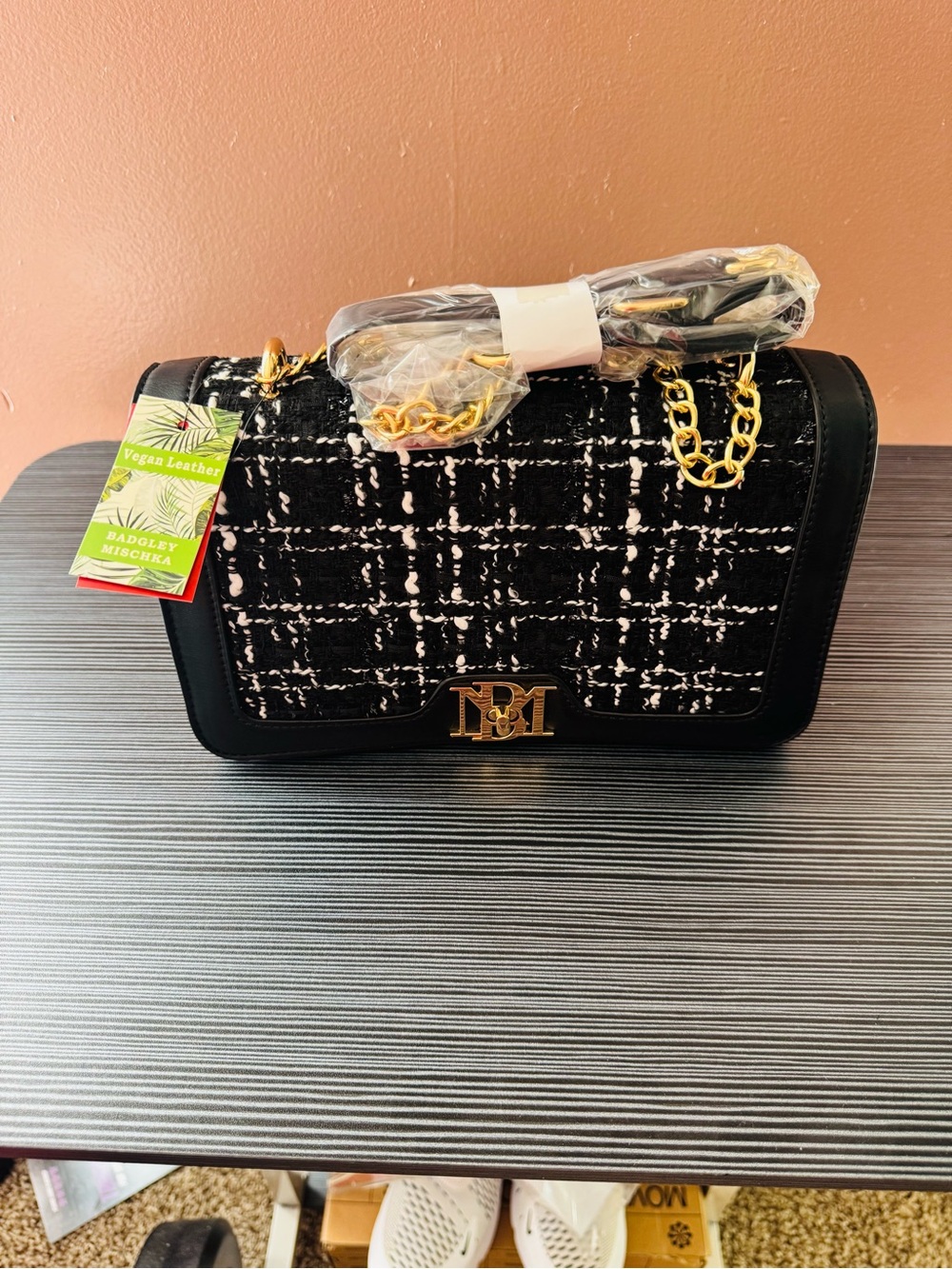 Badgley Mischka Black Tweed Crossbody Bag with Gold Hardware